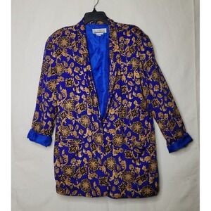 Vintage 80s/90s SK & Company Blue & Gold Baroque Scroll Rayon Blazer